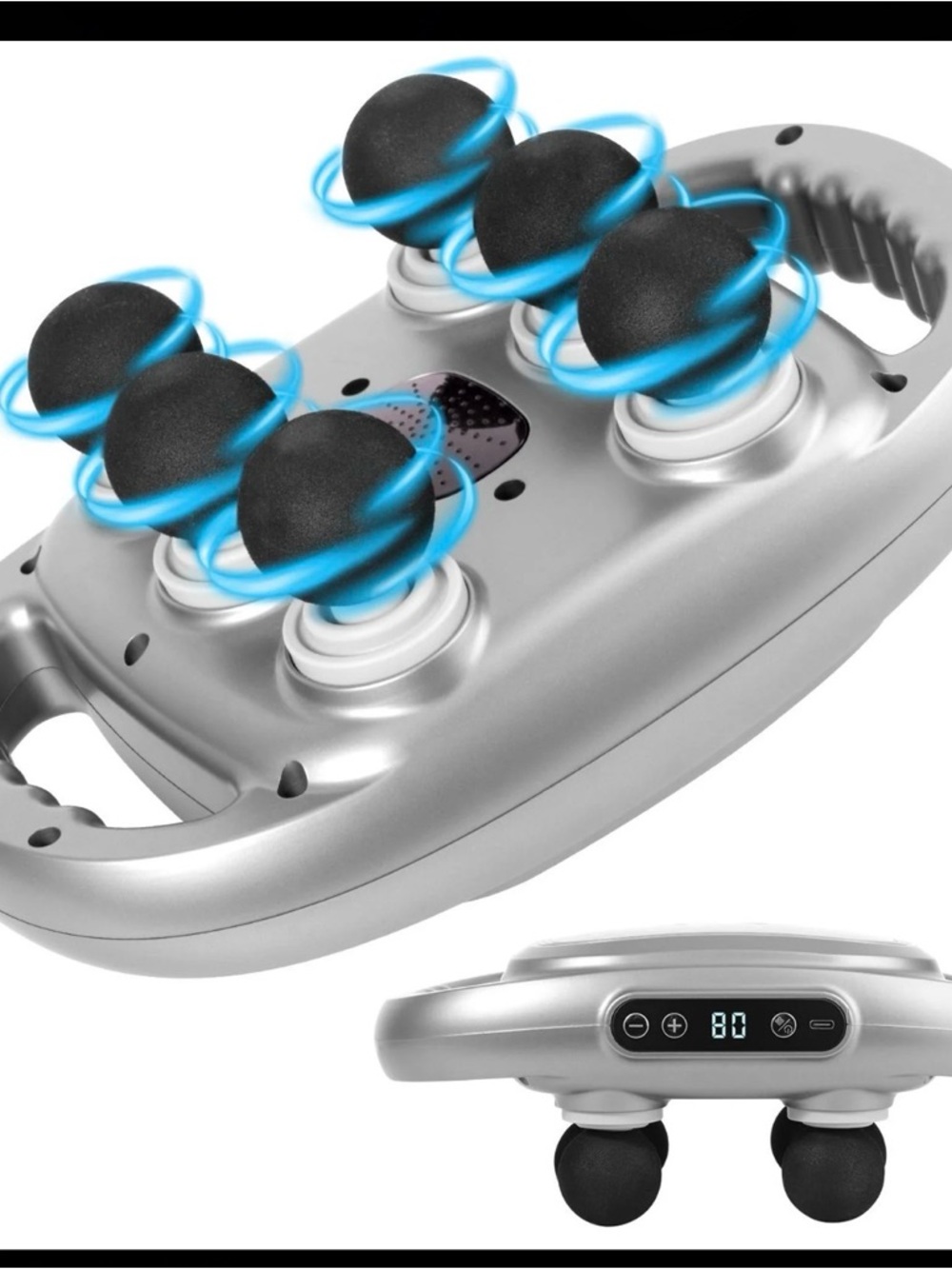 Electric 6-Node Handheld Massager in Silver with Black Massage Heads